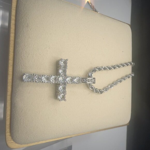 Cubic Zirconia Cross Pendant Necklace Stainless Steel Silver - Picture 4 of 7